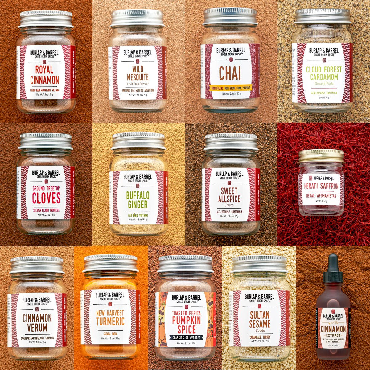 A collage of twelve spice jars from Burupa & Barrel's Bakers collection, arranged in a 3x4 grid against textured background panels matching the spices. The jars feature silver metal lids and colorful labels in red, orange, yellow, and green, showcasing flavors like Royal Cinnamon, Wild Mesquite, Chai, Cloud Forest Cardamom, Ground Cloves, Buffalo Ginger, Sweet Allspice, Hertai Saffron, Cinnamon Verum, New Harbest Turmeric, Pumpkin Spice, and Sultan Sesame.