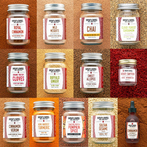A collage of twelve spice jars from Burupa & Barrel's Bakers collection, arranged in a 3x4 grid against textured background panels matching the spices. The jars feature silver metal lids and colorful labels in red, orange, yellow, and green, showcasing flavors like Royal Cinnamon, Wild Mesquite, Chai, Cloud Forest Cardamom, Ground Cloves, Buffalo Ginger, Sweet Allspice, Hertai Saffron, Cinnamon Verum, New Harbest Turmeric, Pumpkin Spice, and Sultan Sesame.