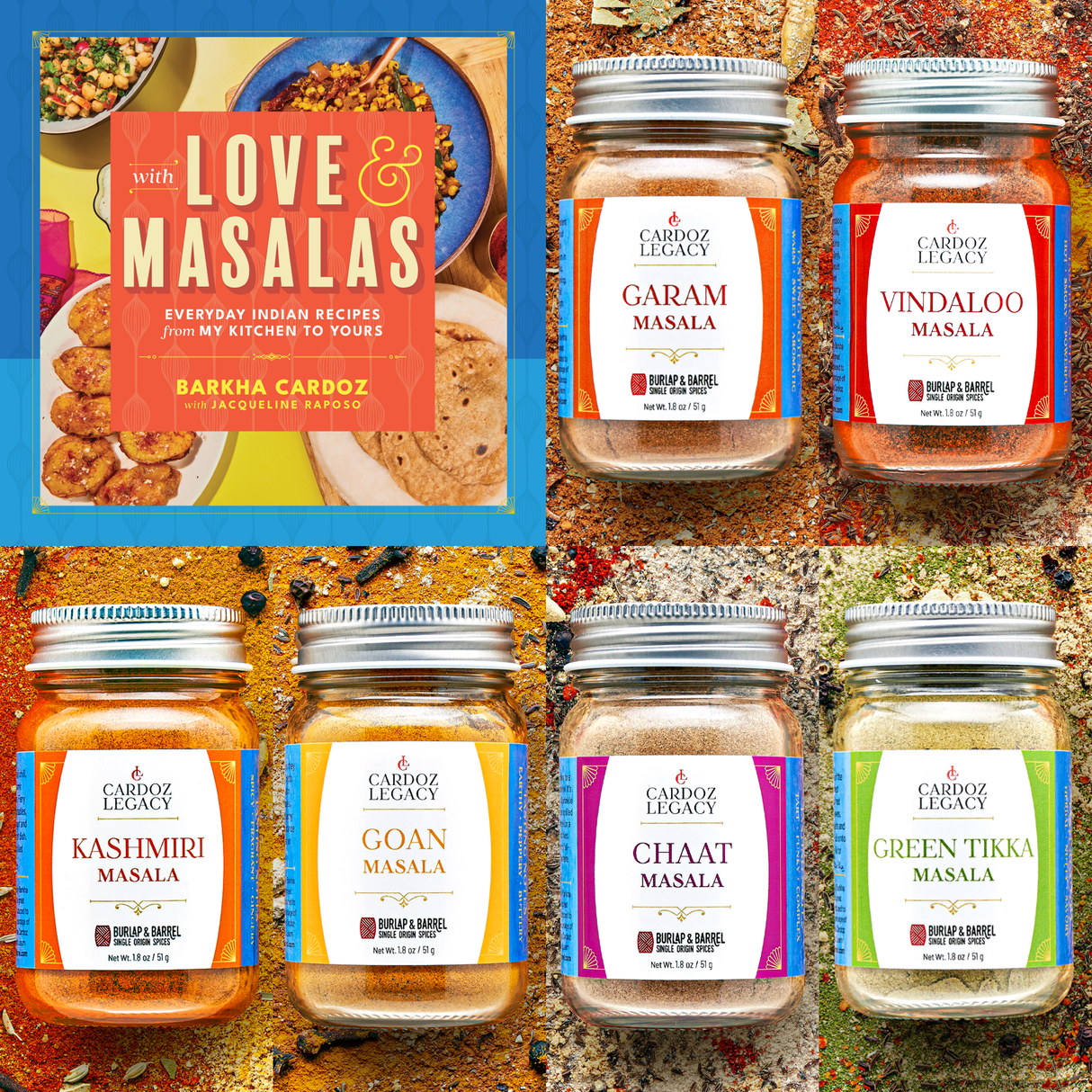 With Love & Masalas Cookbook and 6 Cardoz Legacy Masalas from Burlap & Barrel
