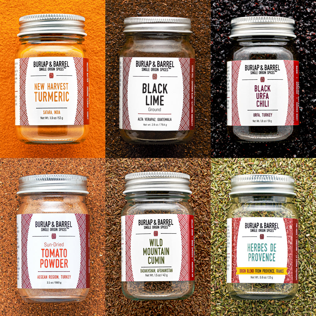 Collage of Burlap & Barrel spices with labels on an orange, black, brown, and green background.