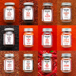 Grid of 12 Burlap & Barrel single origin chilis with labels on a red background