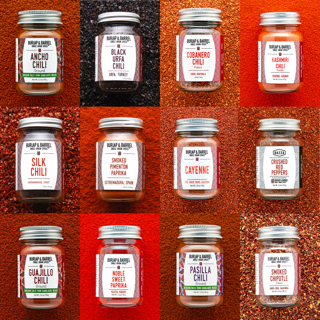Grid of jars with labels on a red background