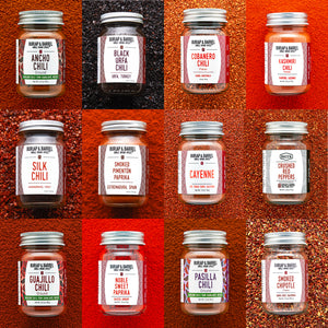 Grid of jars with labels on a red background