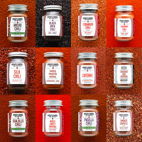 Grid of jars with labels on a red background