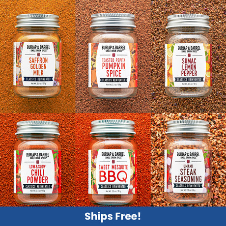 Six jars of Burlap & Barrel spices on a textured brown background with 'Ships Free!' text at the bottom.