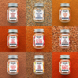Classics Reinvented collection showing: Cinnamon Sugar Crunch, Everything Bagel Crunch, Saffron Golden Milk, Low & Slow Chili Powder, Hot & Smoky Cajun, Umami Steak Seasoning, Toasted Pepita Pumpkin Spice, Sumac Lemon Pepper, Sweet Mesquite BBQ