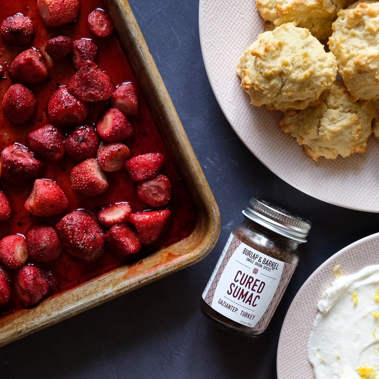 Cured Sumac with roasted strawberries and shortbread