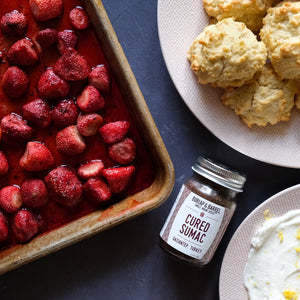 Cured Sumac with roasted strawberries and shortbread