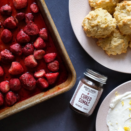 Cured Sumac with roasted strawberries and shortbread