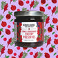 A jar of Burlap & Barrel Sumac & Pomegranate Cherry Preserves centered on a light purple background patterned with red cherries and pomegranates. The jar has a silver metal lid and a white label with red and black text.
