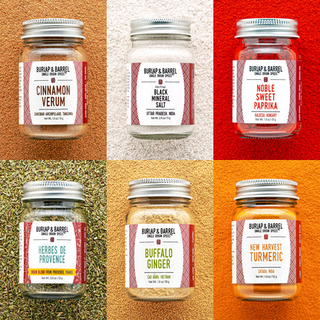 Collage of Burlap & Barrel spice jars with labels on a multicolored background