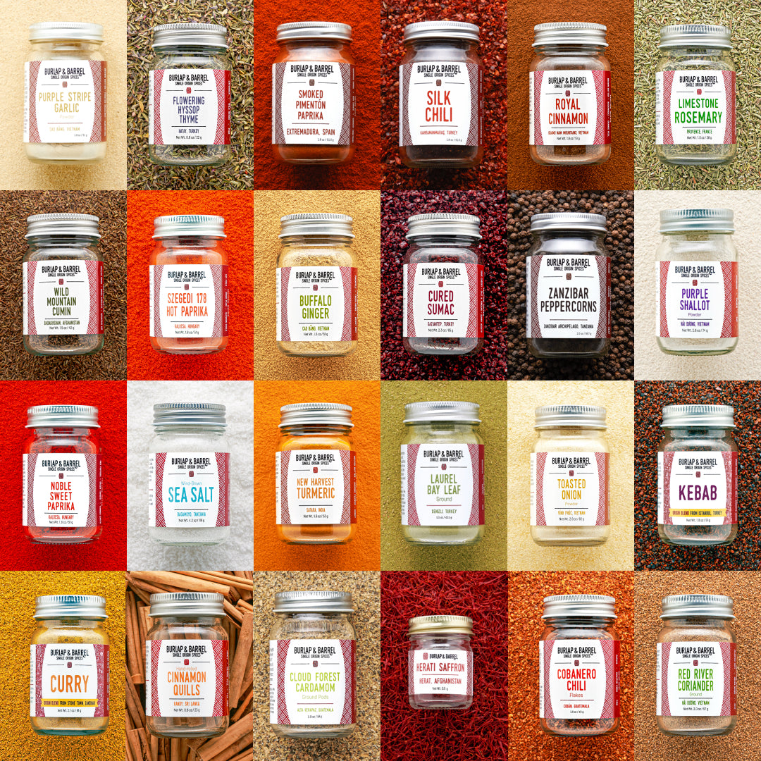 Grid of various jars with labels on a colorful background