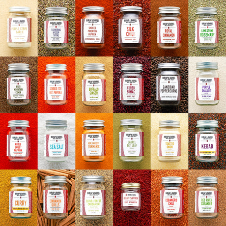 Grid of various jars with labels on a colorful background