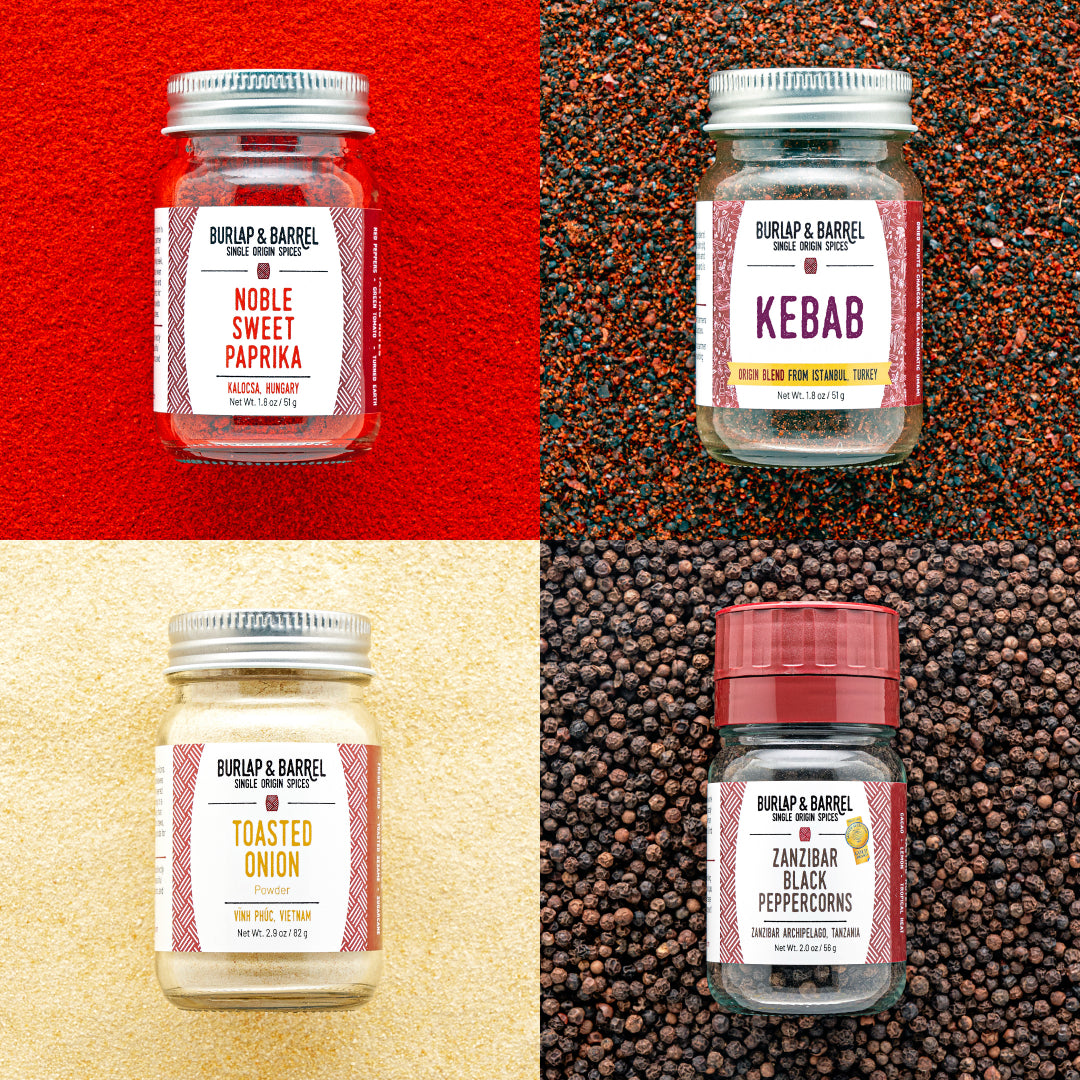4 Spice Grilling Set from Burlap & Barrel: Noble Sweet Paprika, Kebab, Toasted Onion & Zanzibar Black Peppercorns