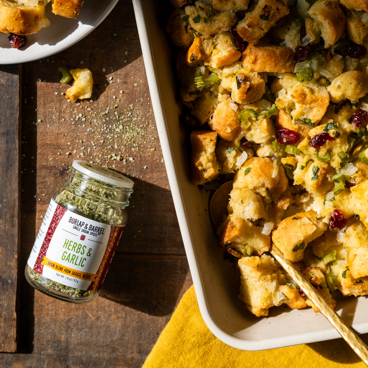 Herbs & Garlic in stuffing from Burlap & Barrel