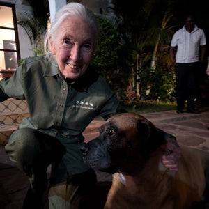 Dr. Jane Goodall with a dog 