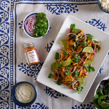 Kashmiri chili with chili and yogurt marinated chicken
