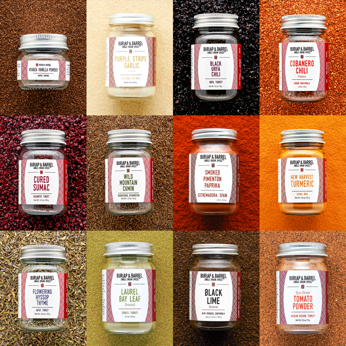 La Peetch 12 Spice Set containing Nyanza Vanilla Powder, Purple Stripe Garlic, Black Urfa Chili, Cobanero Chili, Cured Sumac, Wild Mountain Cumin, Smoked Pimenton Paprika, New Harvest Turmeric, Flowering Hyssop Thyme, Laurel Bay Leaf, Black Lime, Sun-dried Tomato Powder