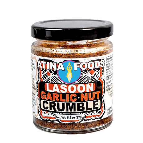 Jar of Atina Foods Lasoon Garlic Nut Crumble on a white background