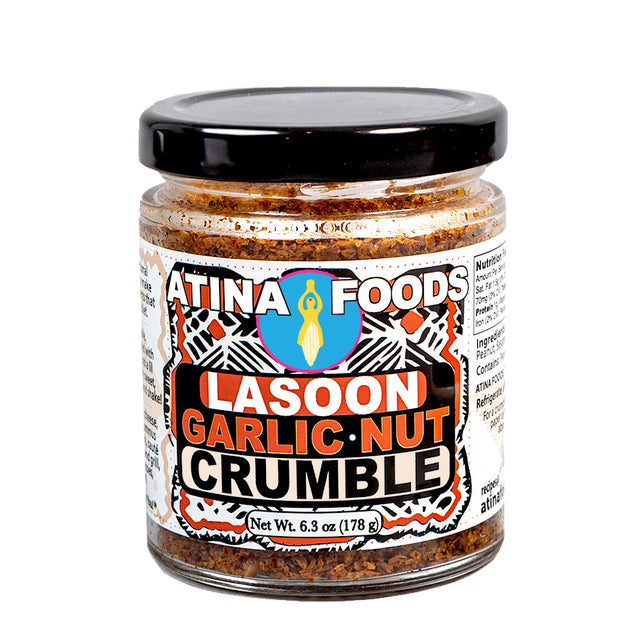 Jar of Atina Foods Lasoon Garlic Nut Crumble on a white background