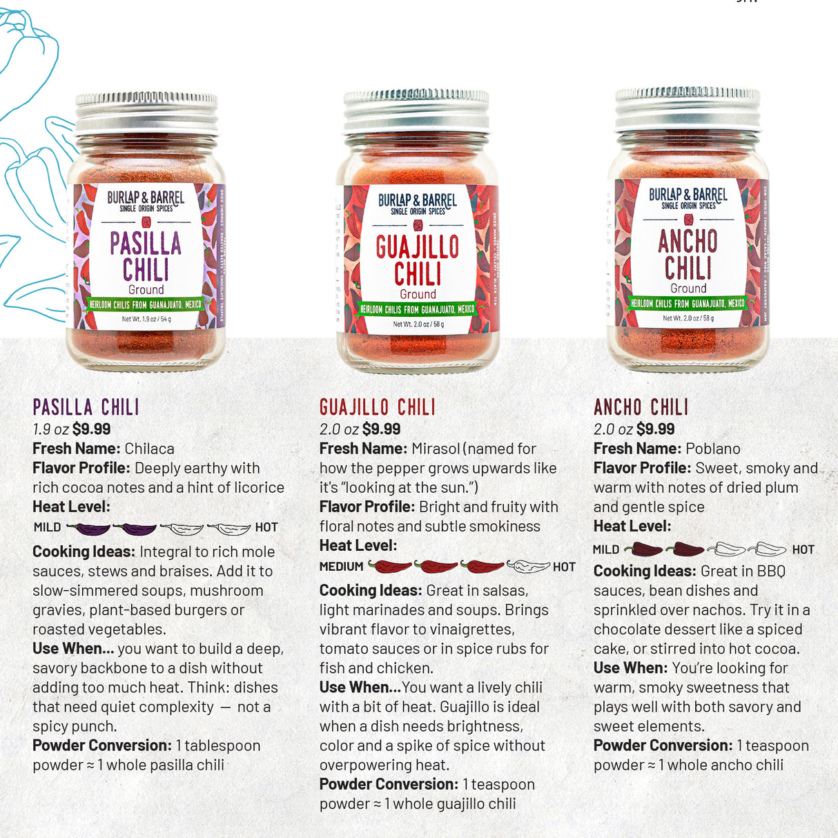 Three jars of ground  Mexican chili powder with labels on a white background from Burlap & Barrel