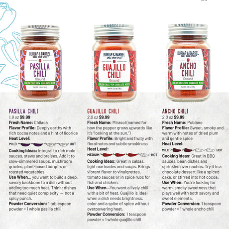 Three jars of ground  Mexican chili powder with labels on a white background from Burlap & Barrel