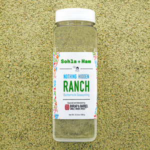 Bottle of Sohla + Ham Nothing Hidden Ranch seasoning from Burlap & Barrel on a textured beige background