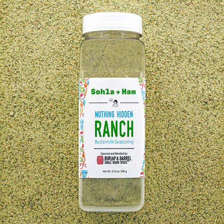 Bottle of Sohla + Ham Nothing Hidden Ranch seasoning from Burlap & Barrel on a textured beige background
