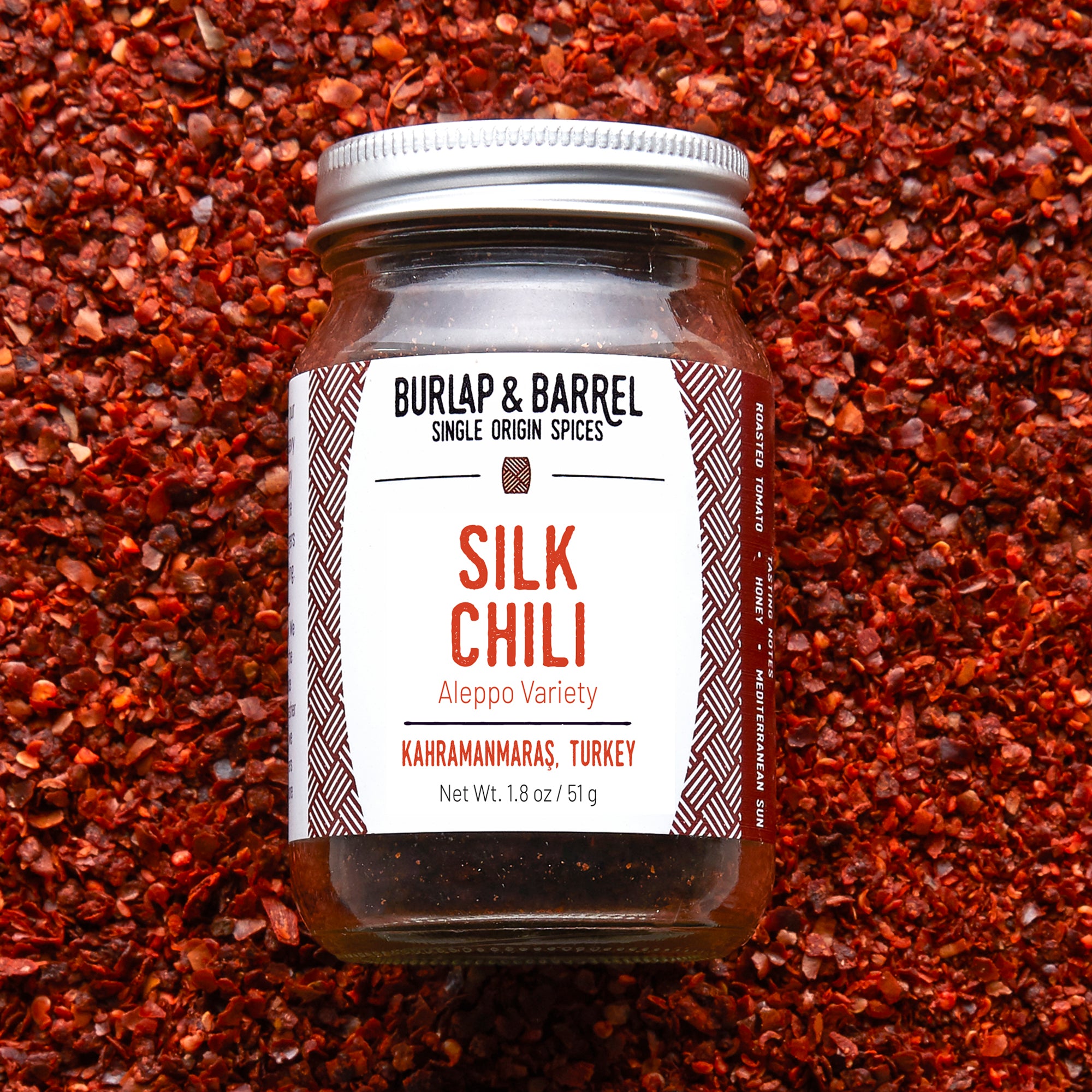 1.8 oz jar of Silk Chili from Burlap & Barrel