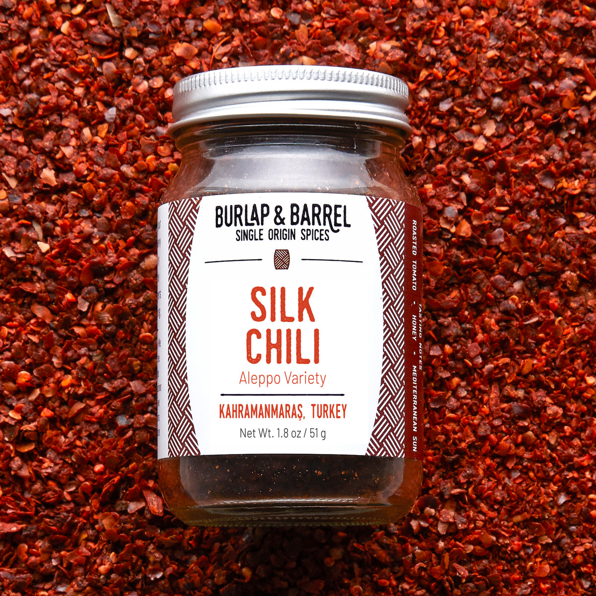 1.8 oz jar of Silk Chili from Burlap & Barrel