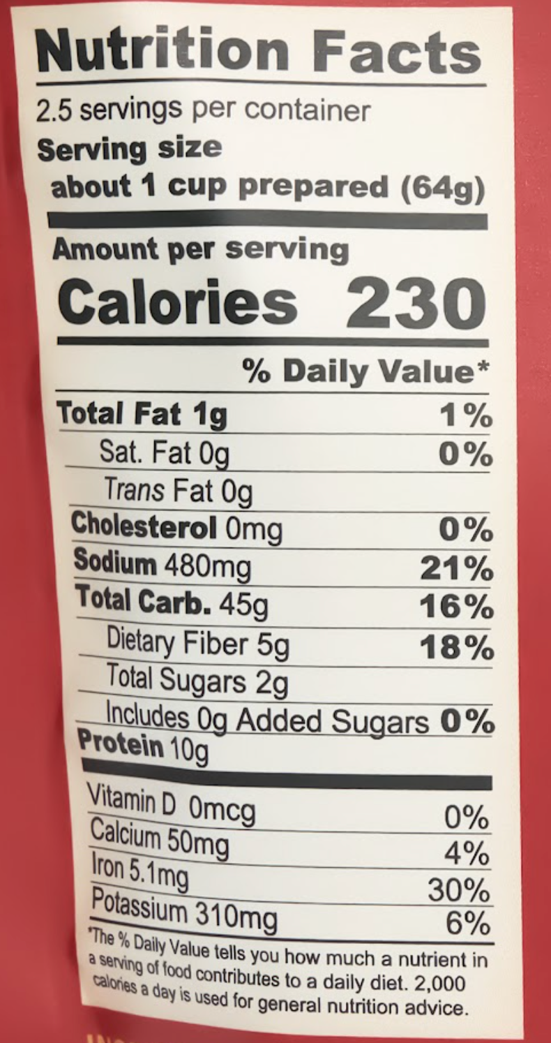 Tomato Kitchari Nutritional Label