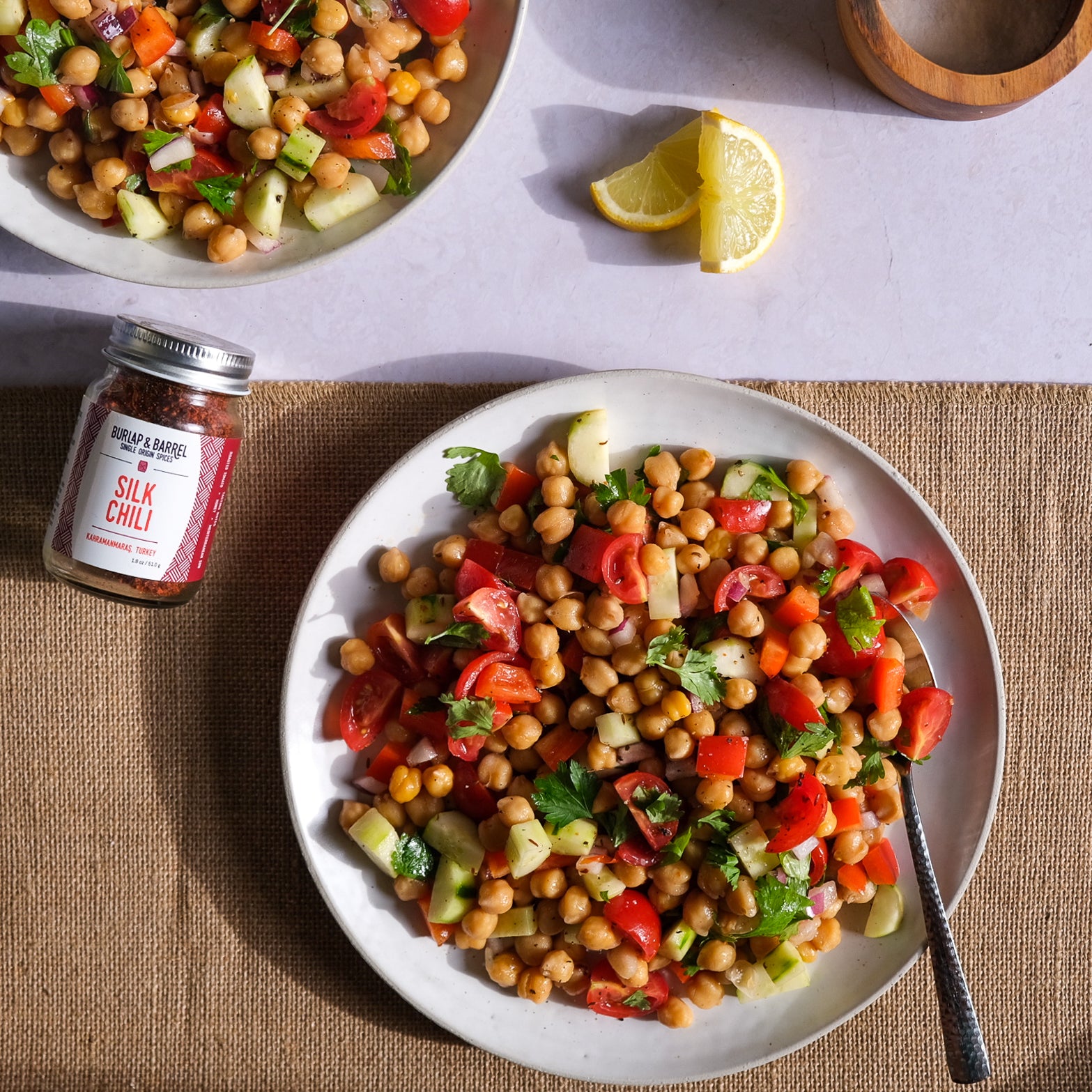Silk chili with summer garbanzo bean and vegetable salad from Burlap & Barrel