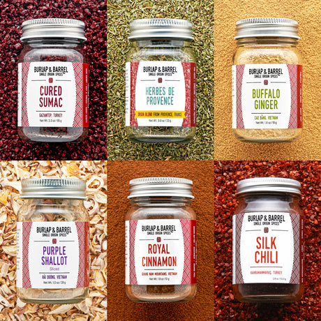 The Spring Essentials 6-Spice Collection with Cured SUmac, Herbes de Provence, Buffalo Ginger, Purple Shallot Slices, Royal CInnamon, Silk Chili from Burlap & Barrel