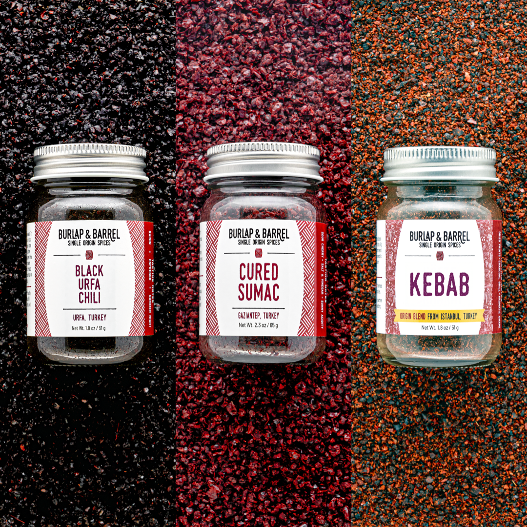 Taste of Turkey Trio with Black Urfa Chili, Cured Sumac and Kebab. From Burlap & Barrel