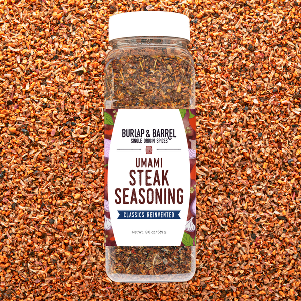 Container of Umami Steak Seasoning from Burlap & Barrel