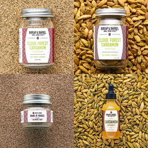 4 spice Cardamom collection with ground cardamom, whole cardamom, grains of paradise and cardamom extract