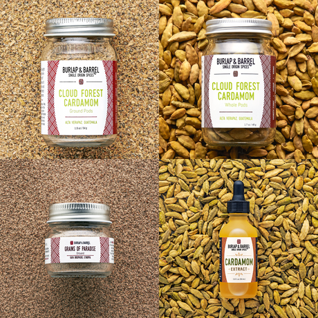 4 spice Cardamom collection with ground cardamom, whole cardamom, grains of paradise and cardamom extract