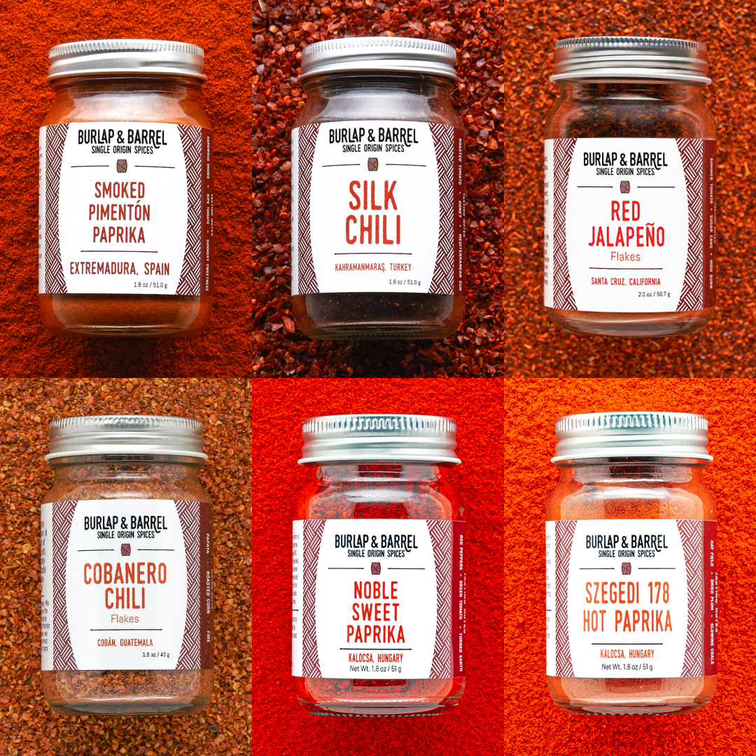 Burlap & Barrel 6-chili spice set with Smoked PImenton, Silk Chili, red jalapeno Cobanero Chili, Noble Sweet Paprika and Szegedi 178 Hot Paprika