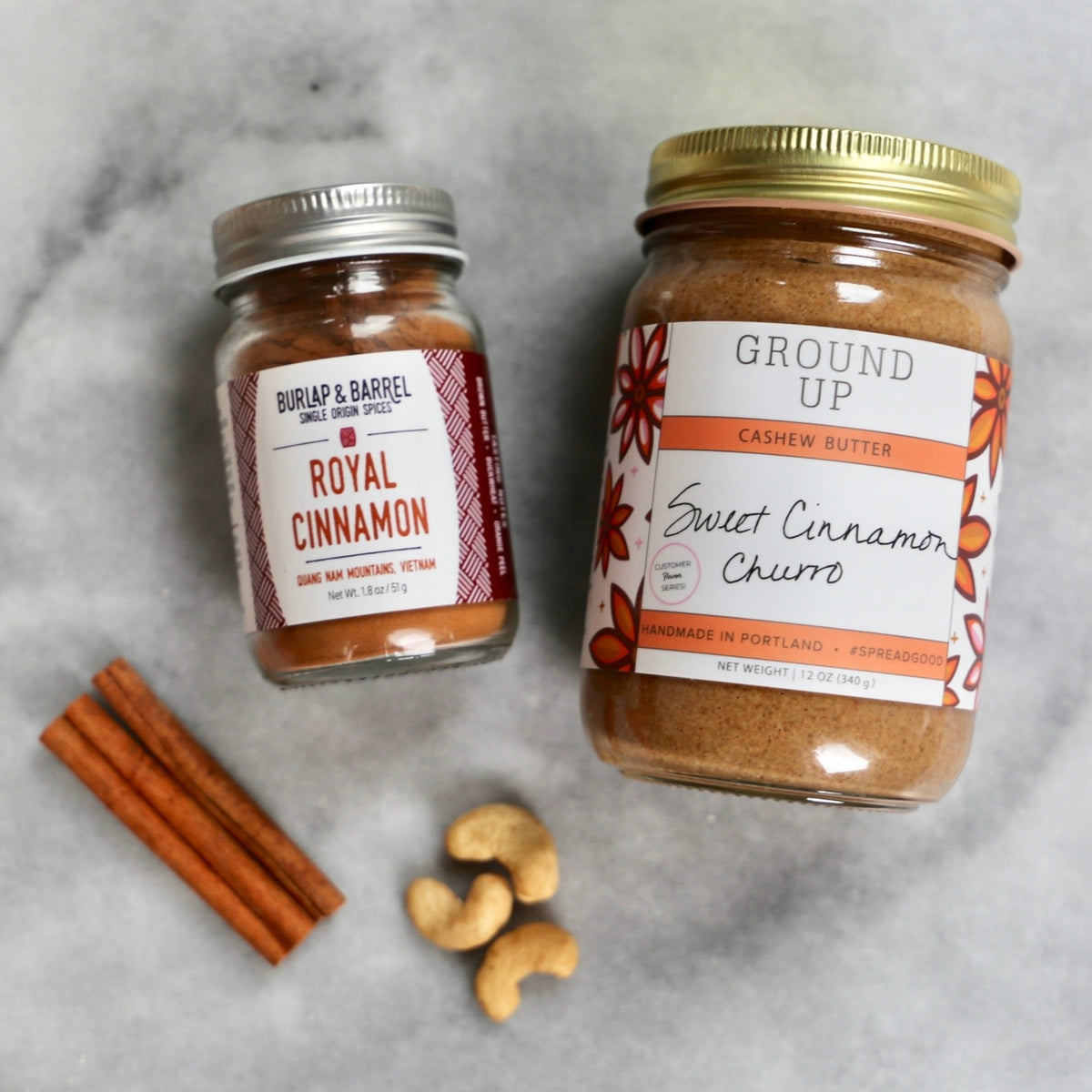 Ground Up Sweet Cinnamon Churro Nut Butter with Burlap & Barrel Royal Cinnamon