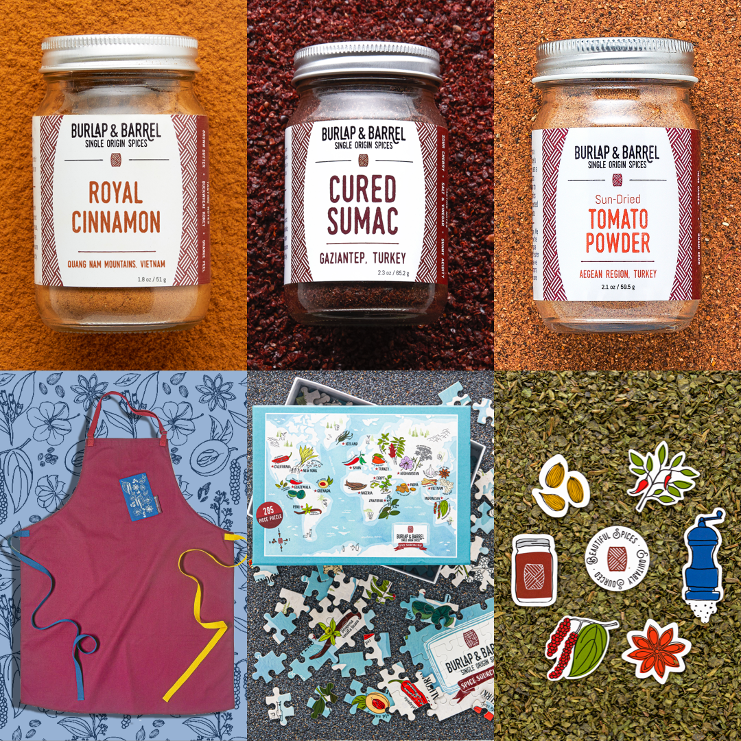 A two by 3 grid of images. The top row has three glass jars of Royal Cinnamon, Cured Sumac and Sun-dried tomato powder. The bottom row has a maroon apron, blue spice sourcing puzzle box with puzzle pieces scattered around it and 6 magnets depicting handdrawn spices. 